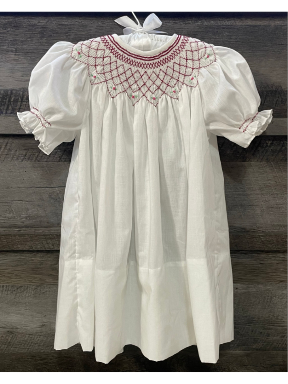 Handmade Vintage Style White Red Hand Smocked Bishop Dress 12-18 Months